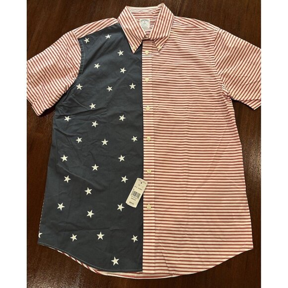 NWT Brooks Brothers American Flag Short Sleeve Shirt Men's Medium Regent Fit $99 - Picture 1 of 6